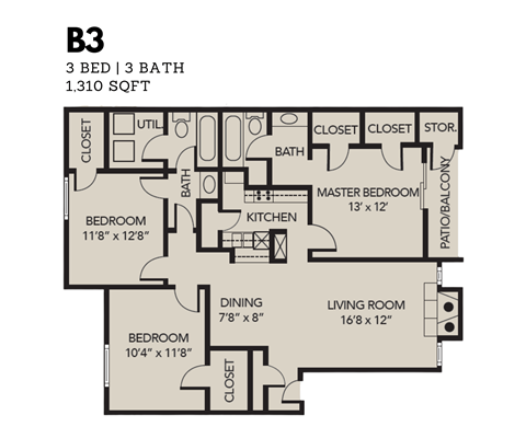 Floor plan for 3 beds, 2 baths, 1310 sqft